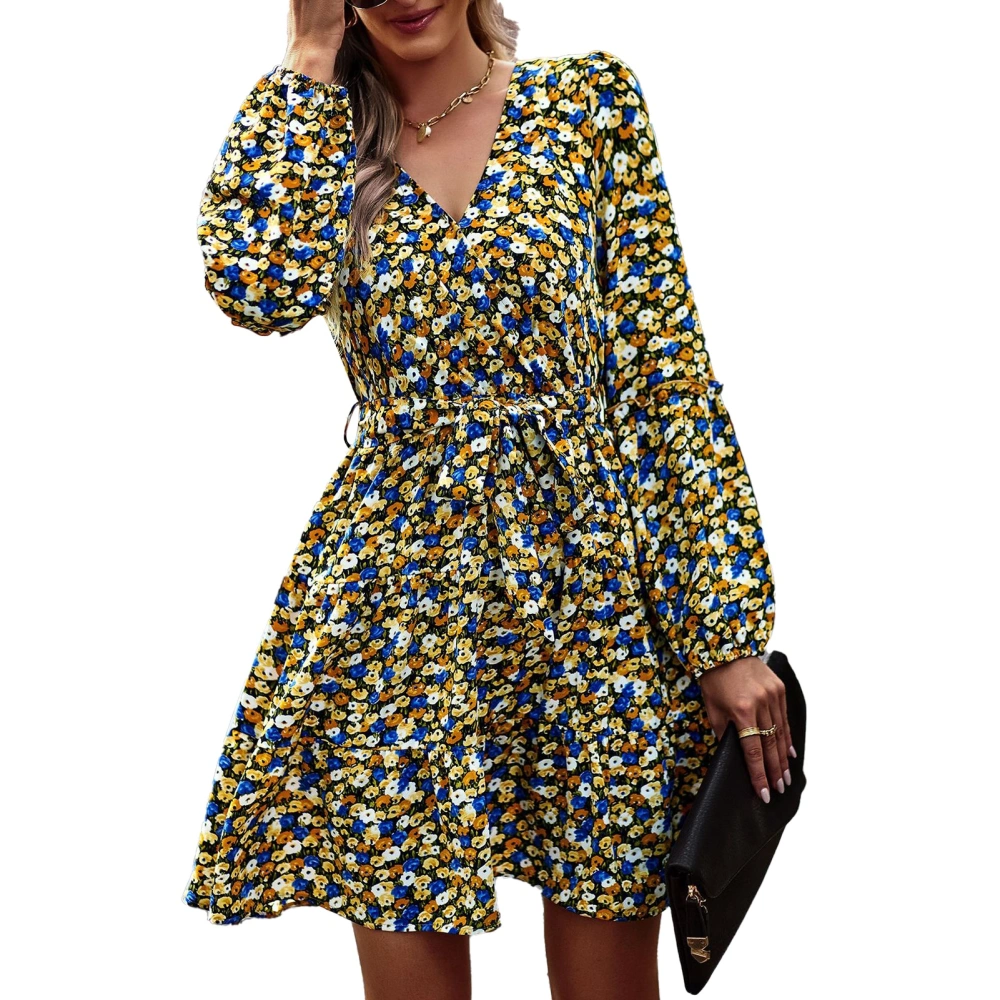 Women Printed Dress V Neck Long Sleeve A Line Mid Rise Tie Waist Spring Autumn Loose Midi Women Floral Print Dress Yellow XL