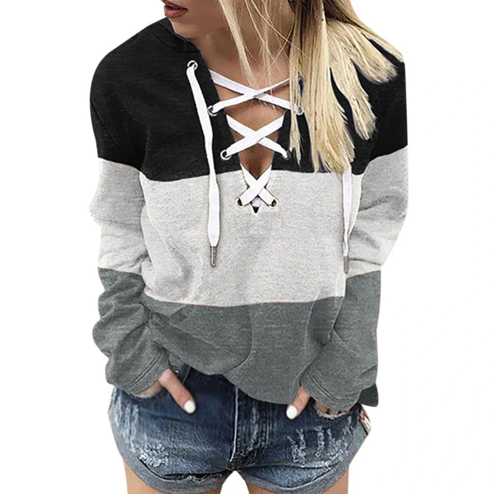 Women V Neck Lace Up Sweatshirt Clashing Colors Long Sleeve Criss Cross Drawstring Sweatshirt for Women Girls Gradient Black L