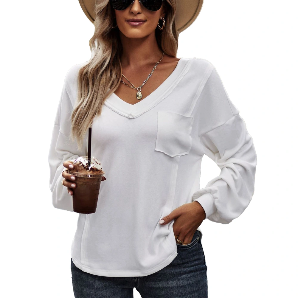 Women Long Sleeve Shirt V Neck Pure Color Loose Fit Lady Top with Chest Pocket for Daily Work Vacation White L