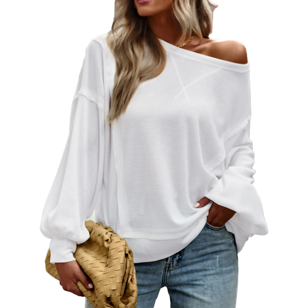 Women Crewneck Sweatshirt Fashionable Casual Loose Fitting Lantern Sleeve Patchwork Women Pullover Tops for Fall Winter White S