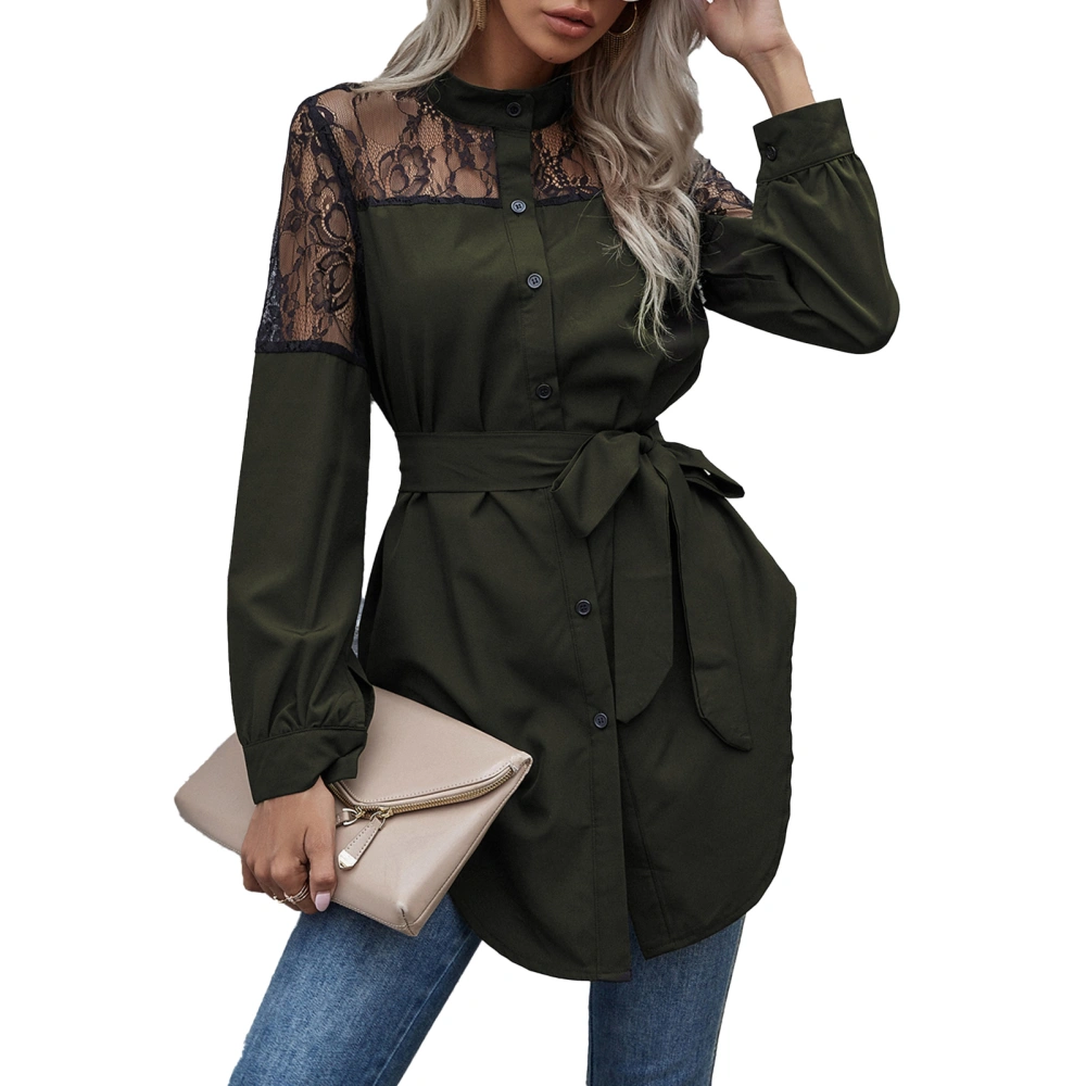 Medium Length Blouse Perspective Lace Round Neck Button High Waist Belt Top for Women Army Green S