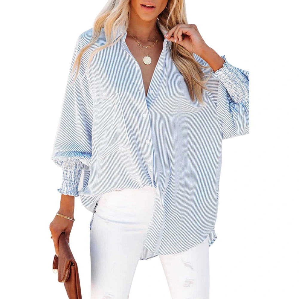 Long Sleeve Shirt V Neck Puff Sleeved Cuffs Mid Length Polyester Casual Comfortable Women Pinstripe Shirt for Daily Light Blue XL