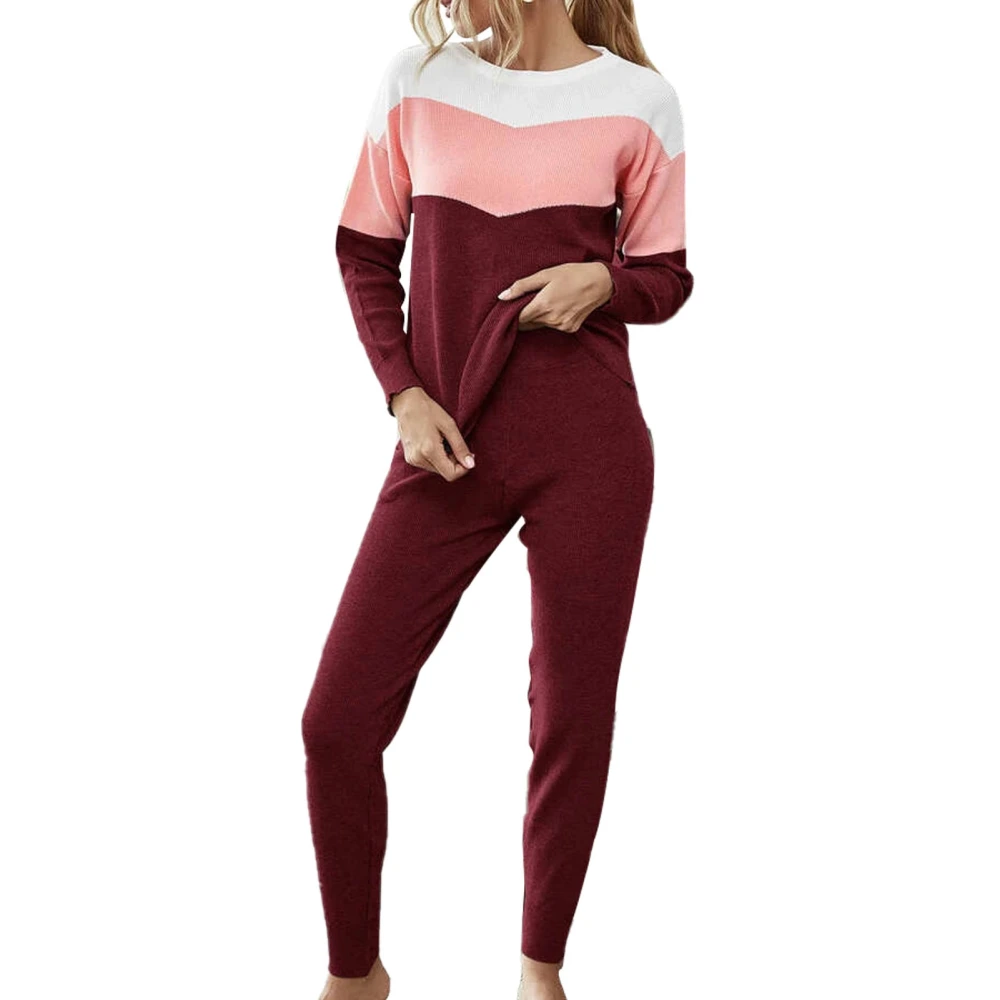 Round Neck Top Pants Loungewear 2 Pieces Contrast Color Long Sleeve Waist Tie Women Casual Knitted Sleepwear Red S