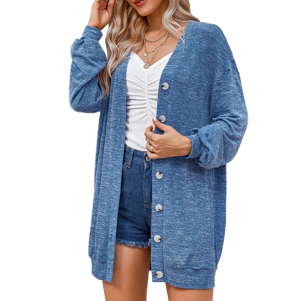 Cardigan Knit Long Sleeve V Neck Single Breasted Thread Cuffs Casual Knitwear for Women Blue M