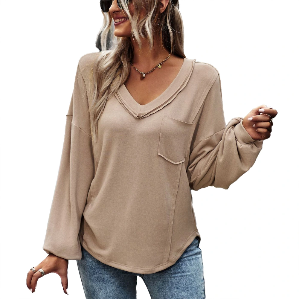 Women Long Sleeve Shirt V Neck Pure Color Loose Fit Lady Top with Chest Pocket for Daily Work Vacation Khaki M