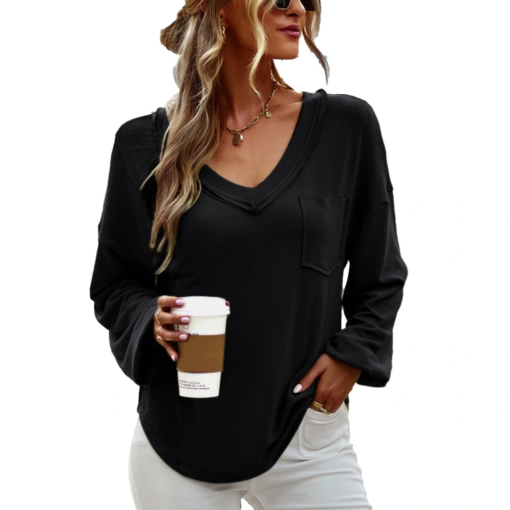 Women Long Sleeve Shirt V Neck Pure Color Loose Fit Lady Top with Chest Pocket for Daily Work Vacation Black M