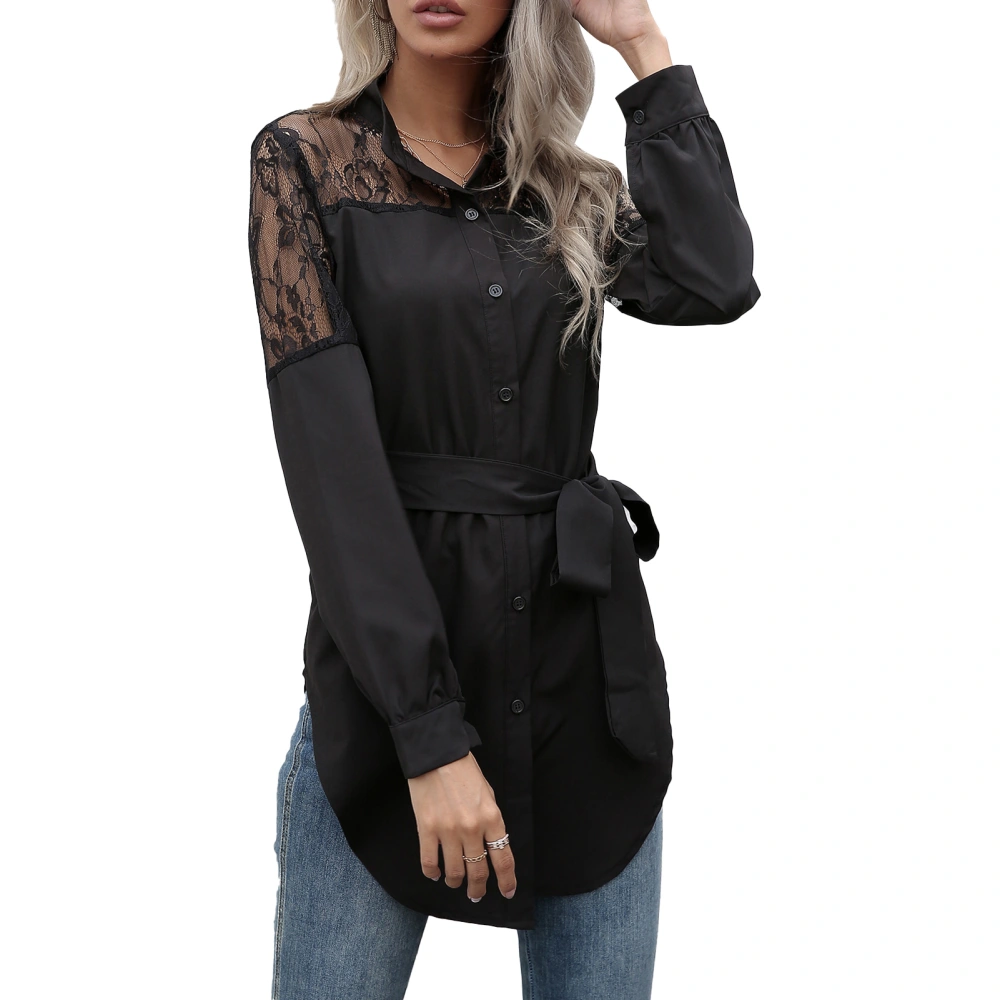 Medium Length Blouse Perspective Lace Round Neck Button High Waist Belt Top for Women Black S