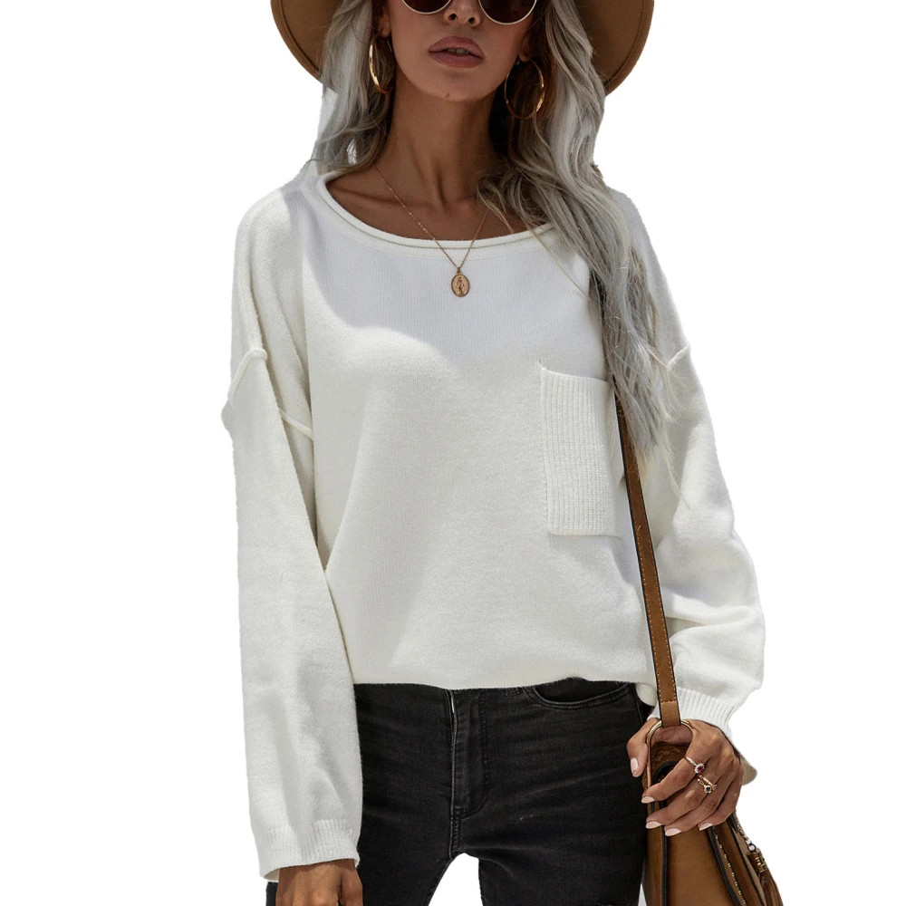 Knit Sweater Round Neck Pocket Pure Color Pullover Long Sleeve Casual Sweater for Women White S