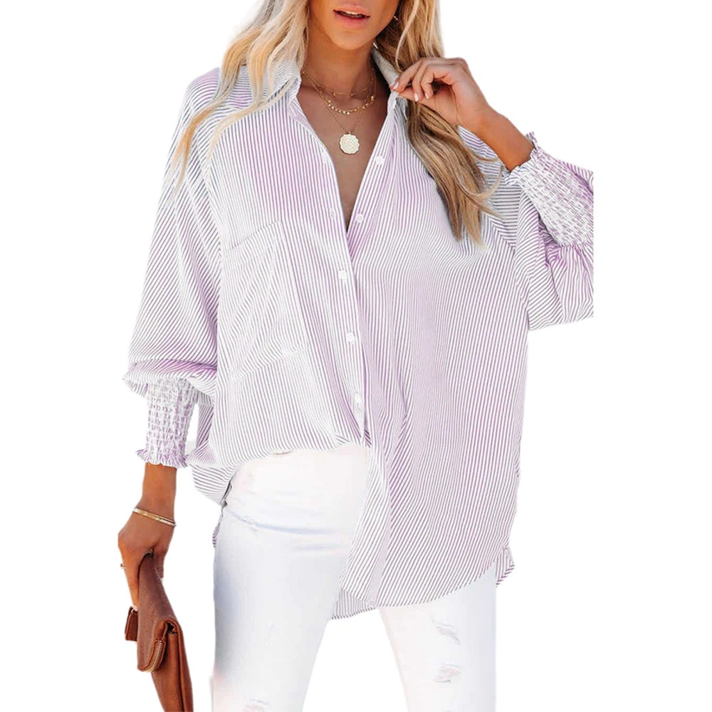 Long Sleeve Shirt V Neck Puff Sleeved Cuffs Mid Length Polyester Casual Comfortable Women Pinstripe Shirt for Daily Pink XXL