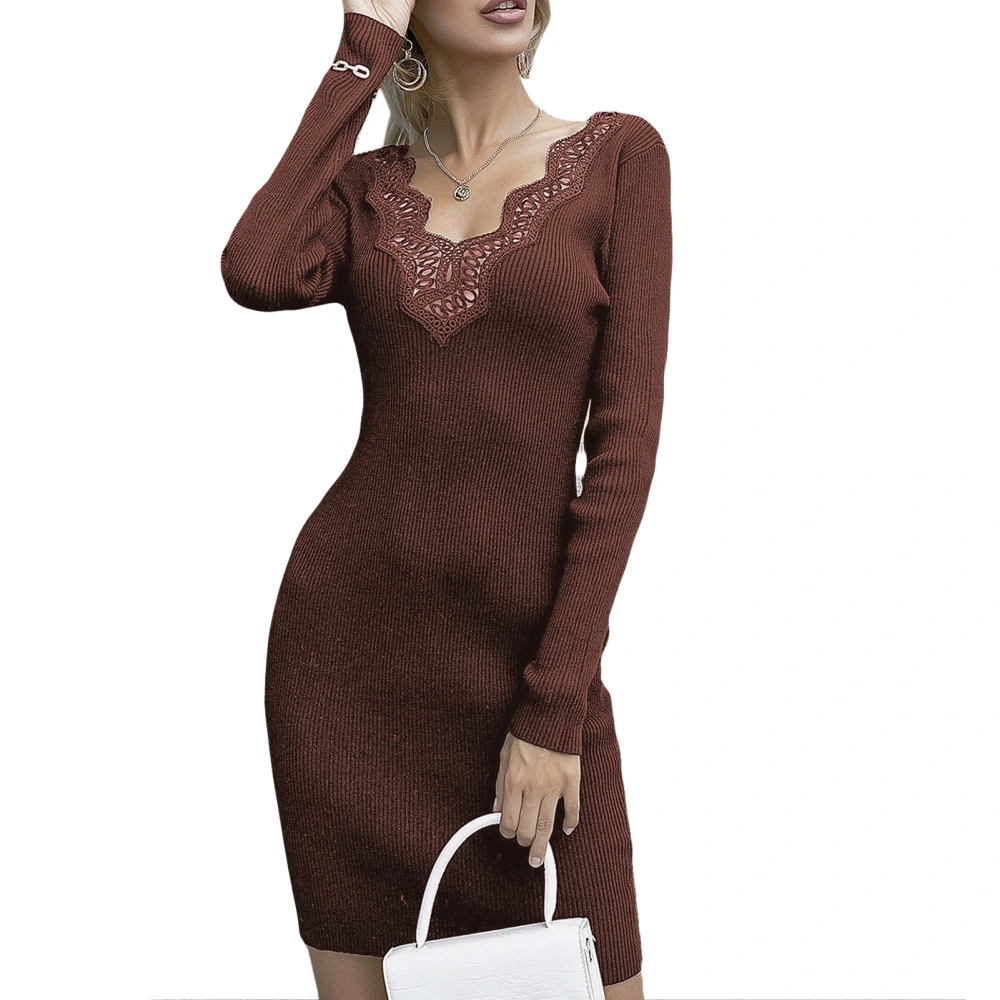 Knit Dress V Neck Lace Pure Color Slim Long Sleeve Fashionable Sweater Dress for Women Coffee M