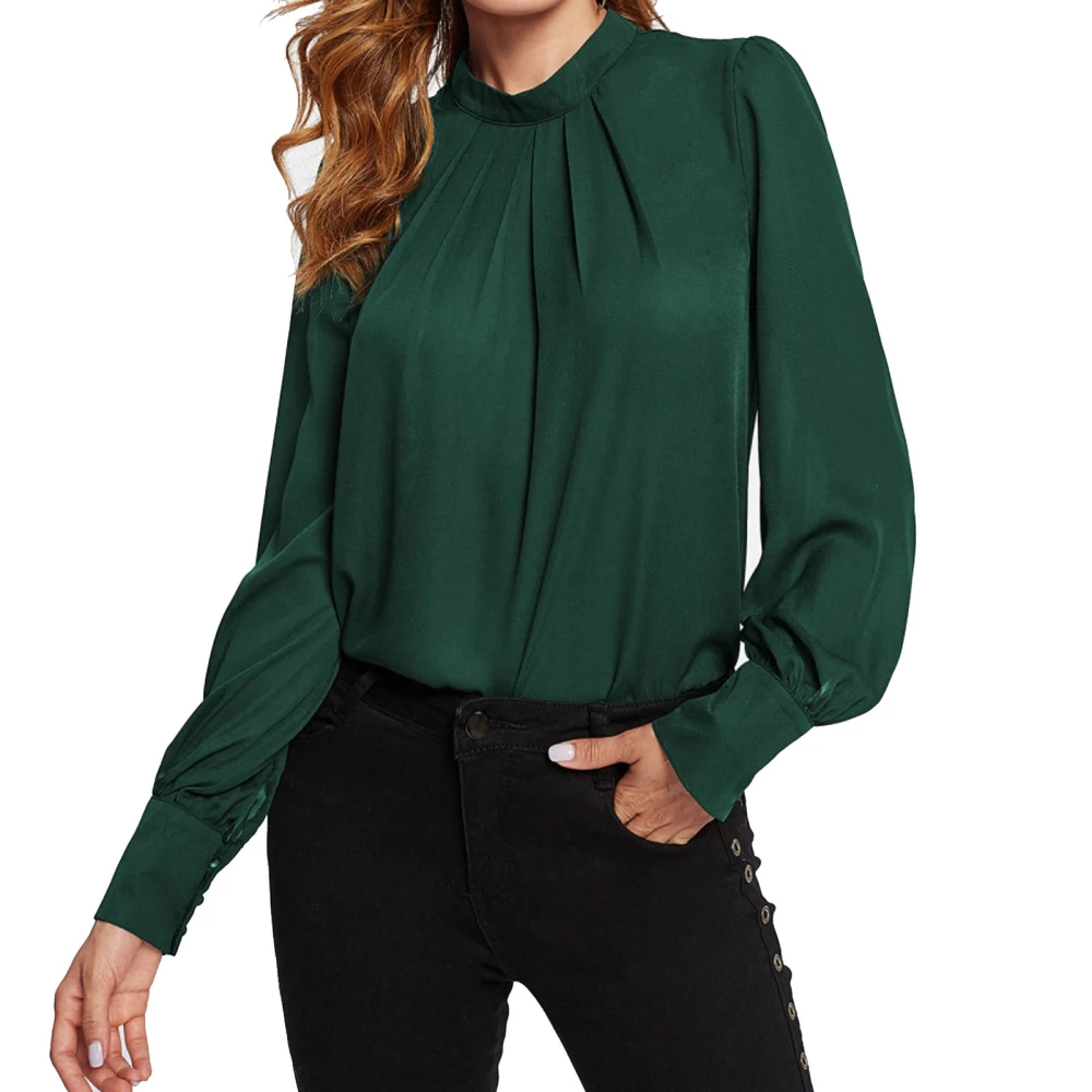 Women Shirt Small High Neck Back Hole Lantern Long Sleeve Chiffon Loose Women Casual Pullover Green L