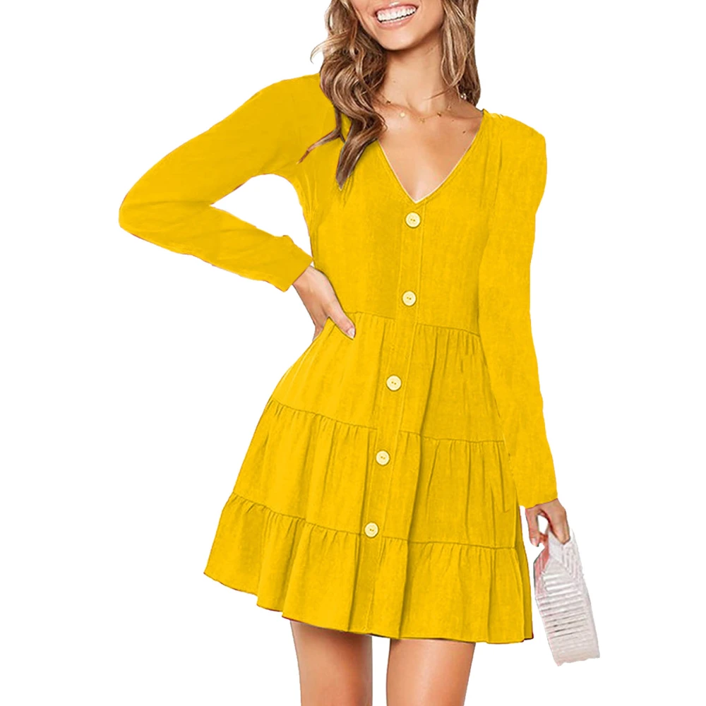 V Neck Aline Dress Breathable Skin Friendly Pure Color Polyester Fiber Crease Long Sleeve Dress for Shopping Daily Life Yellow S