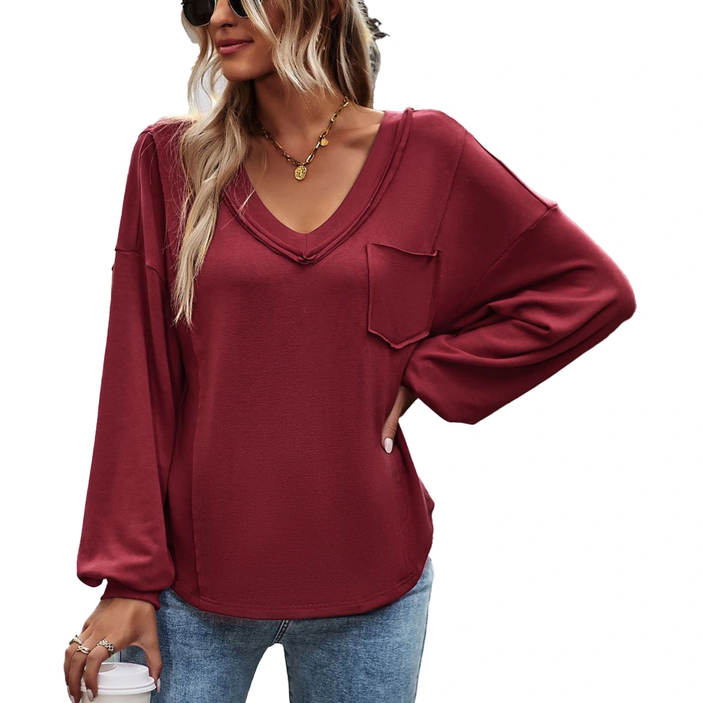 Women Long Sleeve Shirt V Neck Pure Color Loose Fit Lady Top with Chest Pocket for Daily Work Vacation Wine Red S