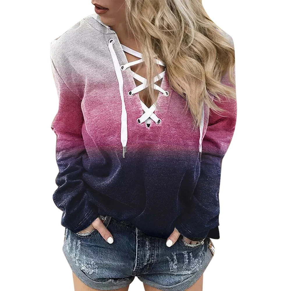 Women V Neck Lace Up Sweatshirt Clashing Colors Long Sleeve Criss Cross Drawstring Sweatshirt for Women Girls Gradient Pink XL