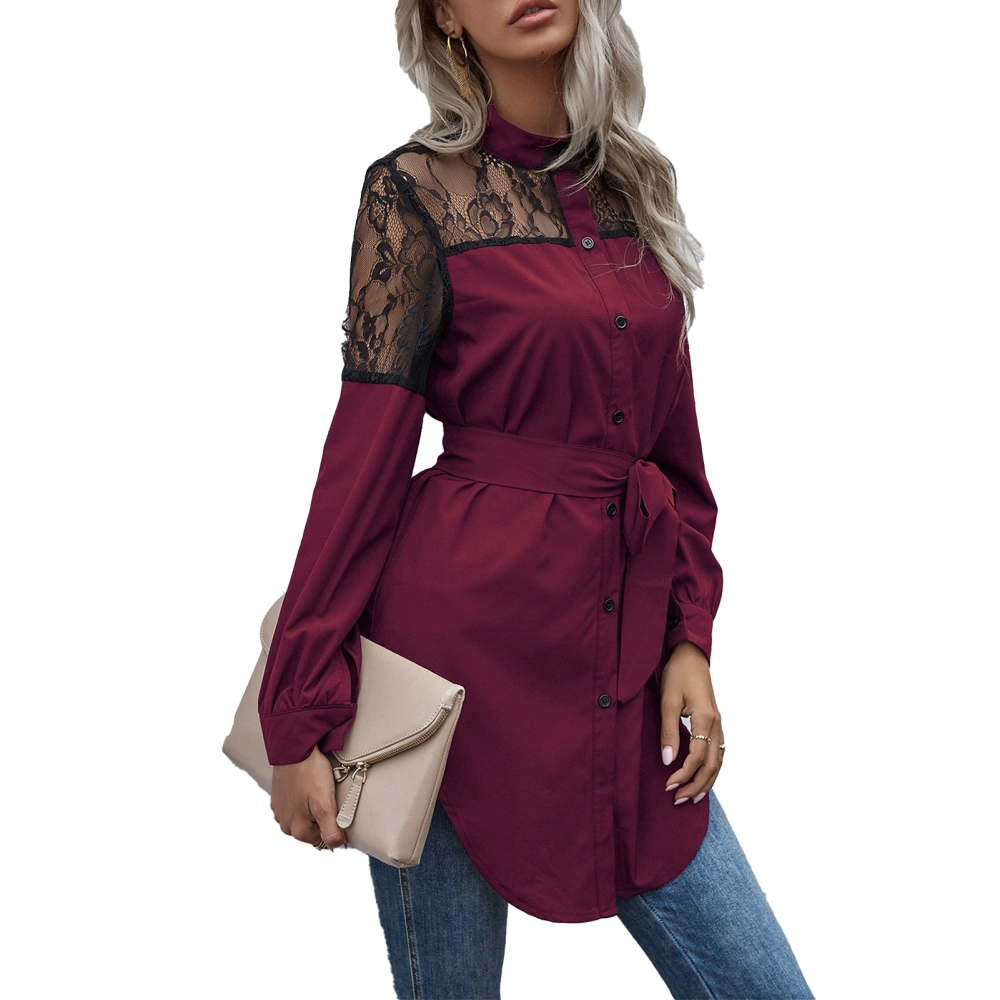 Medium Length Blouse Perspective Lace Round Neck Button High Waist Belt Top for Women Wine Red XL