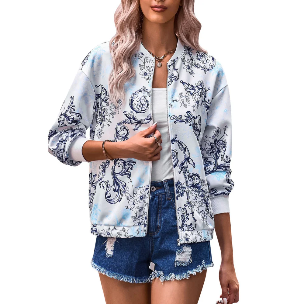 Women Bomber Jacket Classic Fit Unique Floral Print Zipper Closure Slightly Elastic Women Casual Thin Coat for Autumn Dark Blue XL