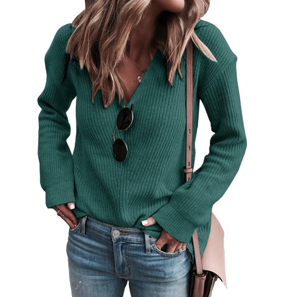 Knit Sweater V Neck Drop Shoulder Long Sleeve Pure Color Casual Sweater for Women Green XL