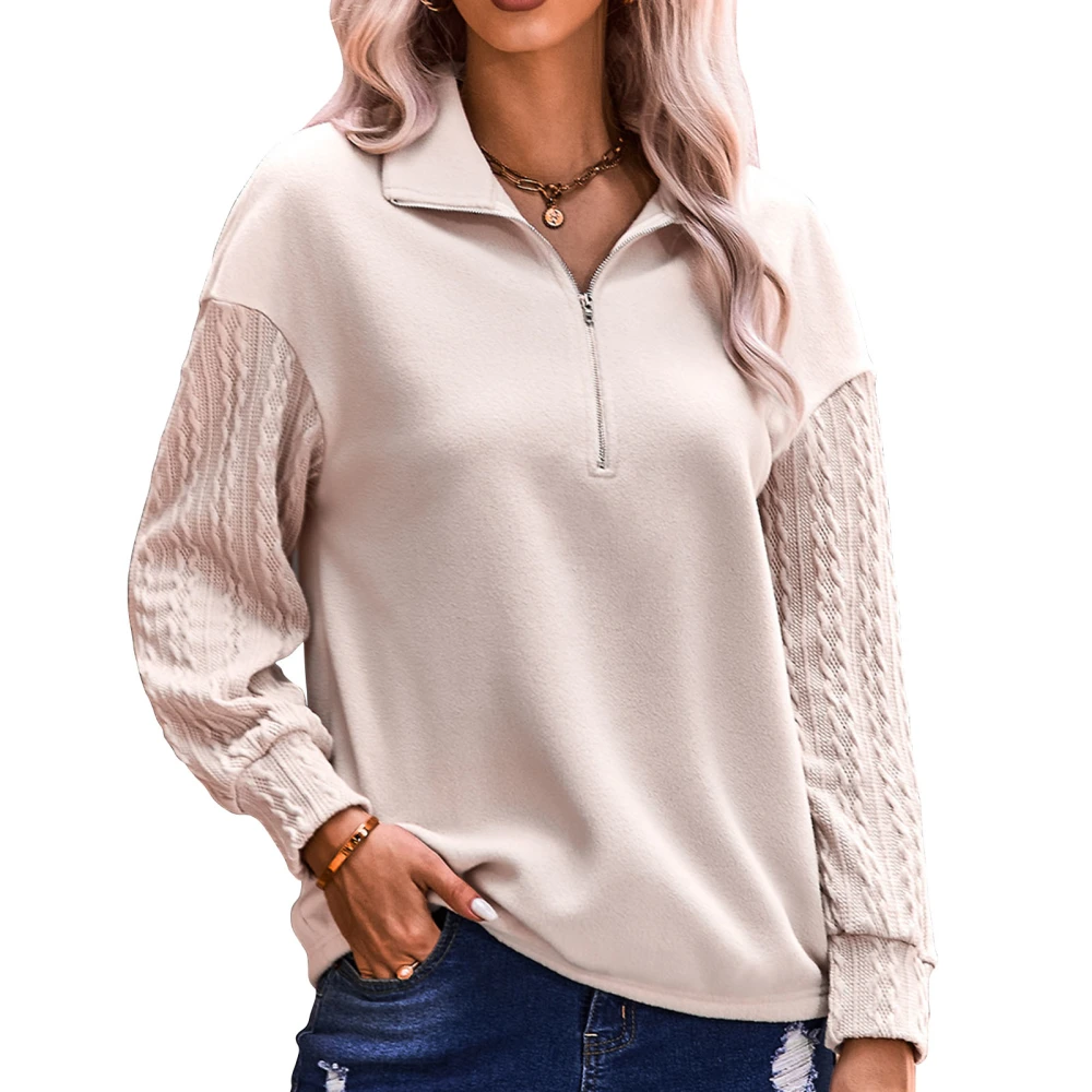 Women Zipper Blouse V Neck Simple Splicing Long Sleeve Drop Shoulder Female Zip Sweatshirt Apricot XL