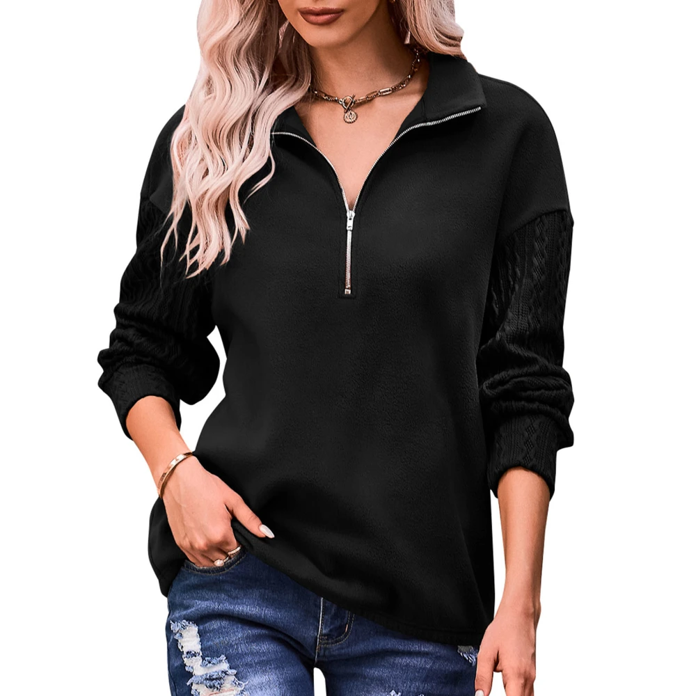 Women Zipper Blouse V Neck Simple Splicing Long Sleeve Drop Shoulder Female Zip Sweatshirt Black S