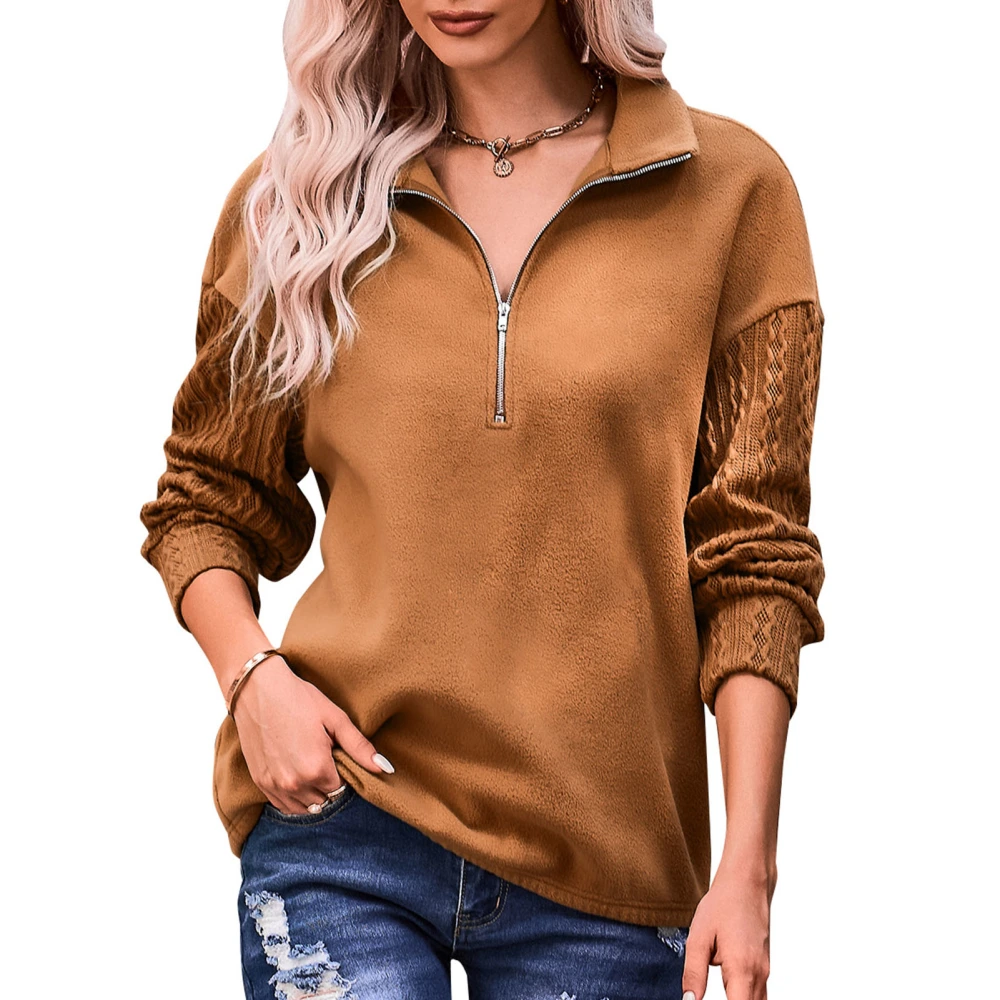 Women Zipper Blouse V Neck Simple Splicing Long Sleeve Drop Shoulder Female Zip Sweatshirt Caramel L