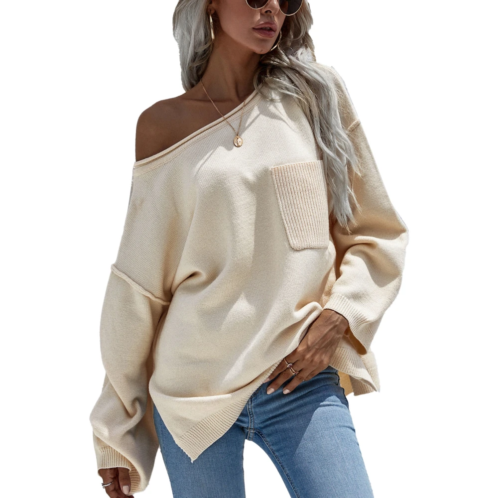 Knit Sweater Round Neck Pocket Pure Color Pullover Long Sleeve Casual Sweater for Women Apricot S