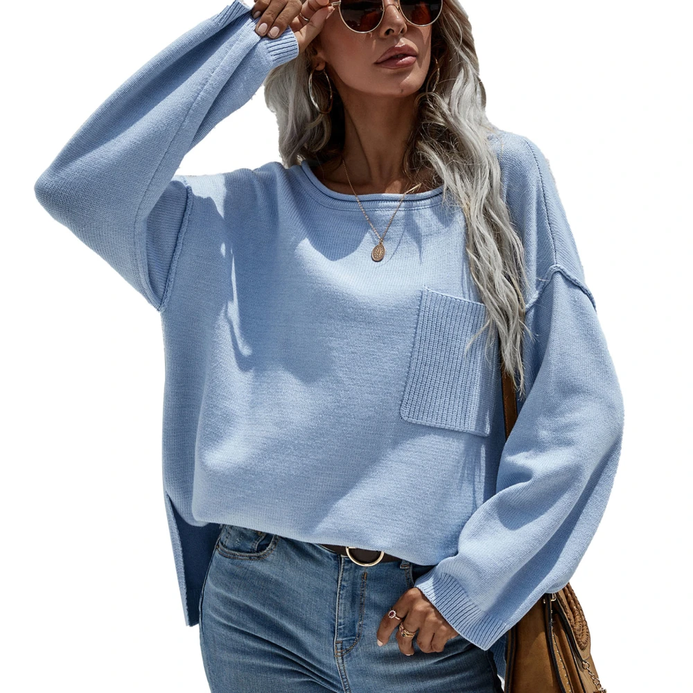 Knit Sweater Round Neck Pocket Pure Color Pullover Long Sleeve Casual Sweater for Women Blue M