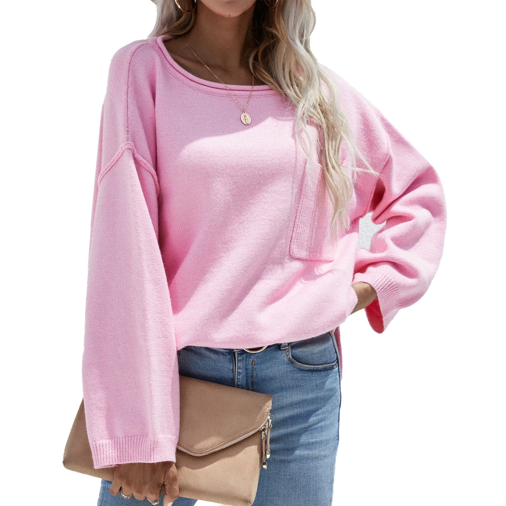 Knit Sweater Round Neck Pocket Pure Color Pullover Long Sleeve Casual Sweater for Women Pink M