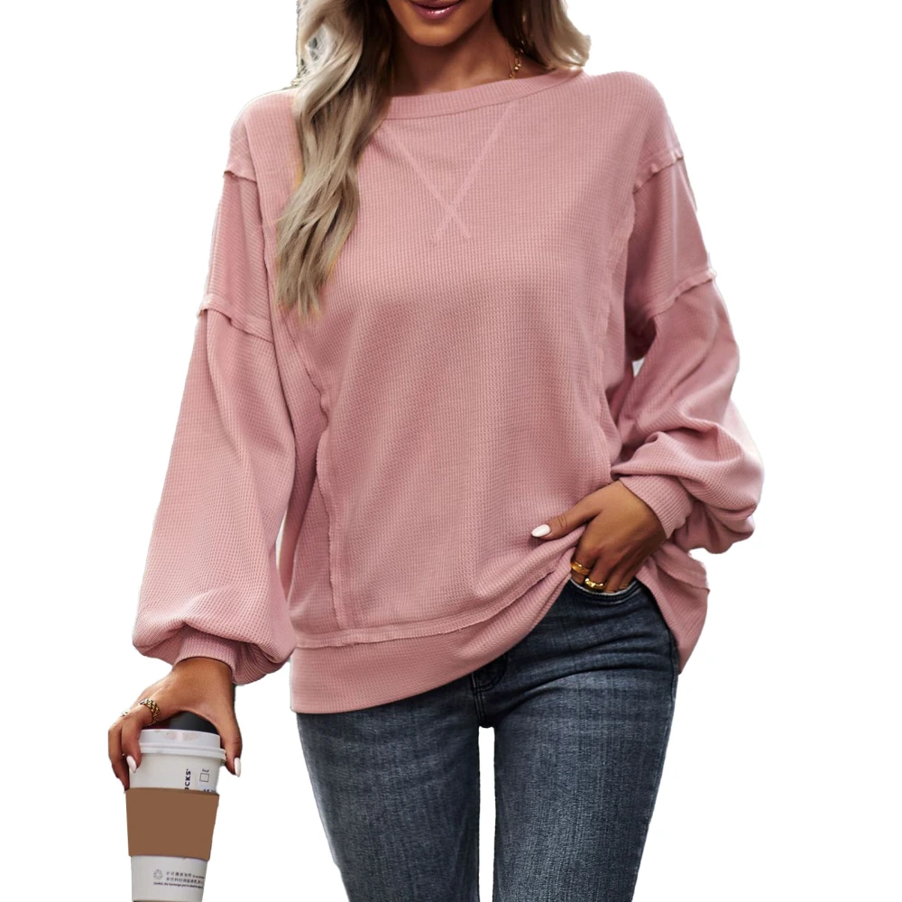 Women Crewneck Sweatshirt Fashionable Casual Loose Fitting Lantern Sleeve Patchwork Women Pullover Tops for Fall Winter Pink M