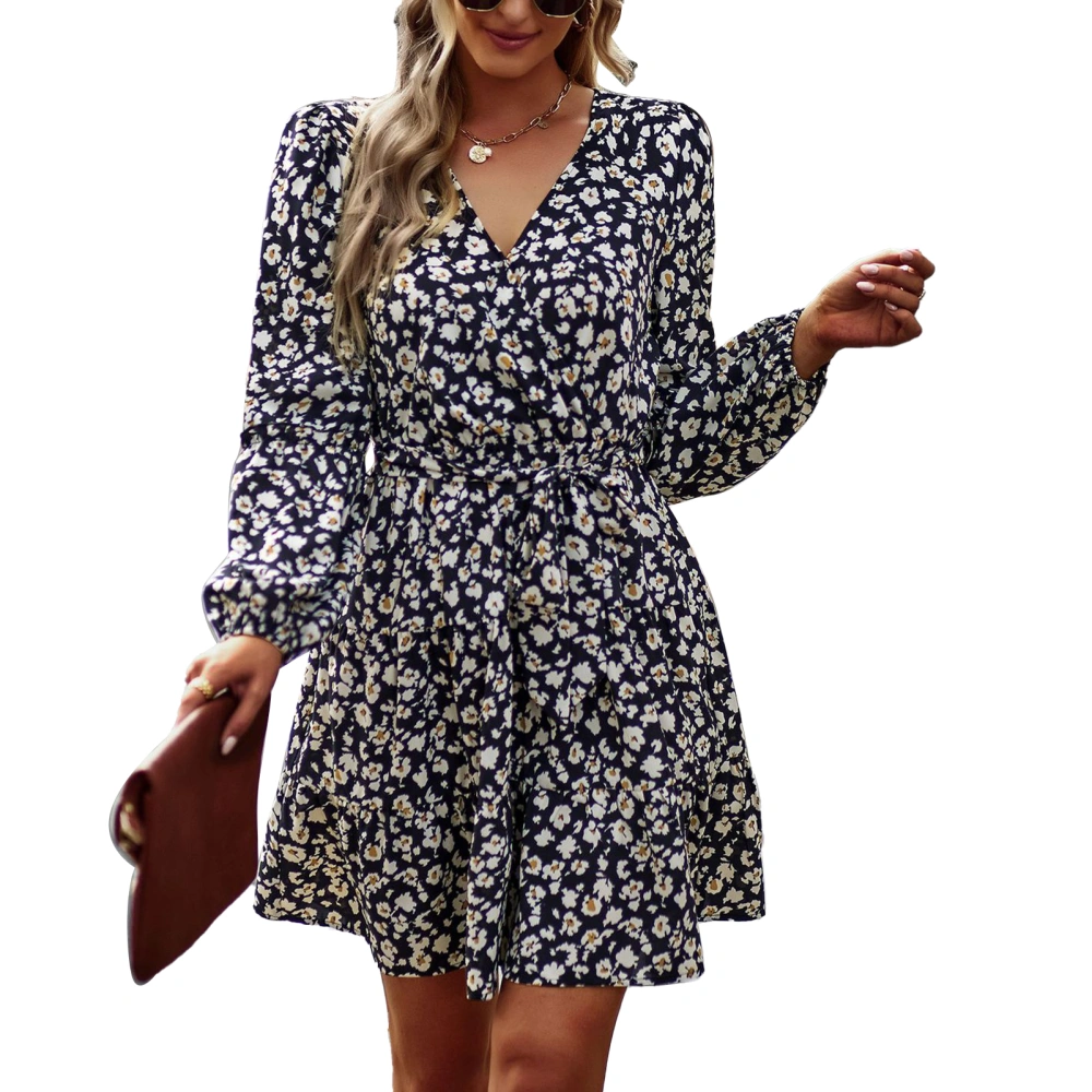 Women Printed Dress V Neck Long Sleeve A Line Mid Rise Tie Waist Spring Autumn Loose Midi Women Floral Print Dress Black XL