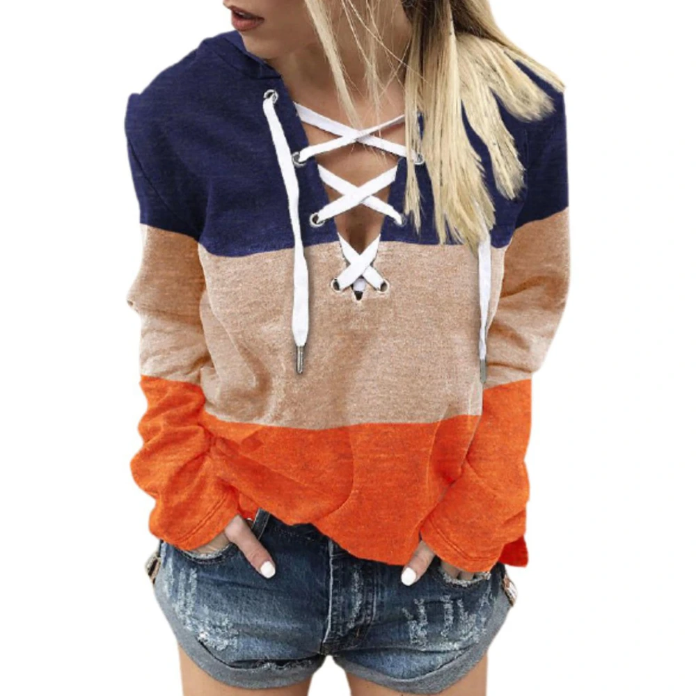 Women V Neck Lace Up Sweatshirt Clashing Colors Long Sleeve Criss Cross Drawstring Sweatshirt for Women Girls Gradient Orange M