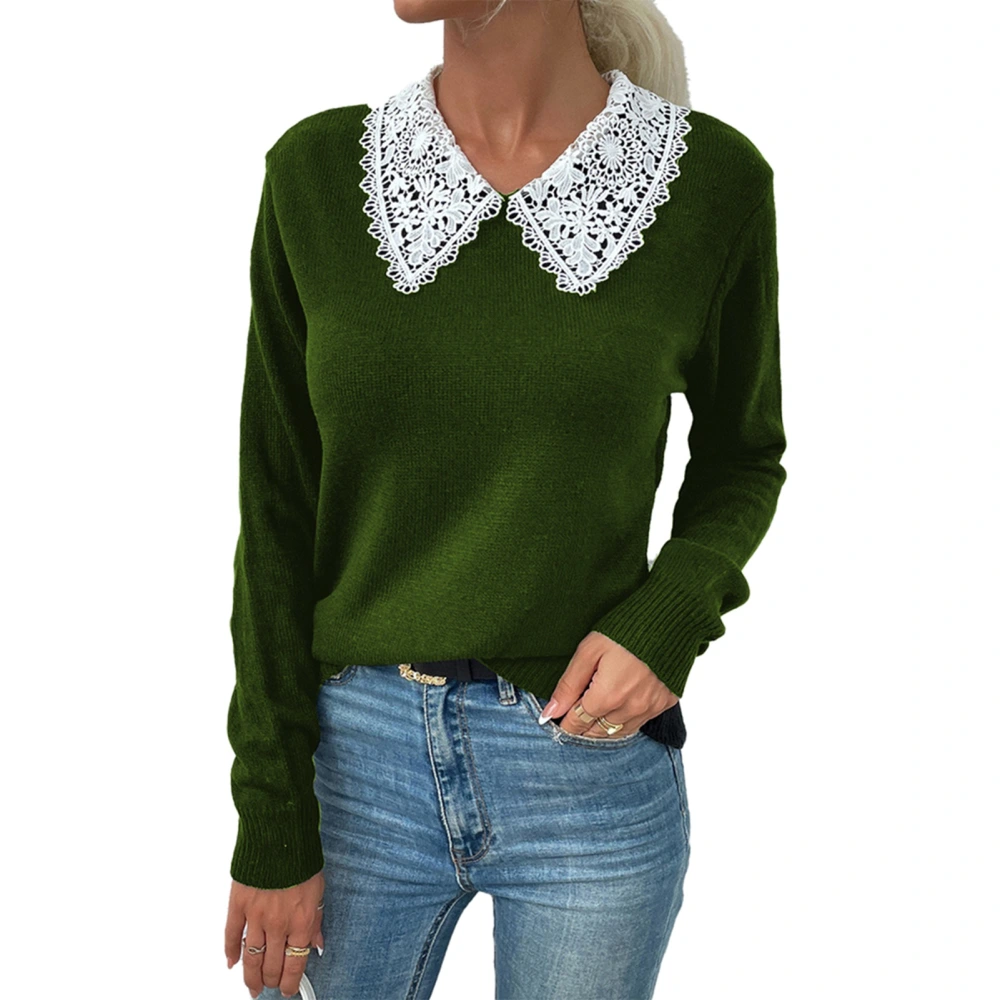 Women Sweater Long Sleeve Knitwear Lace Collar Knitted Top Pure Colour for Autumn Winter Green L