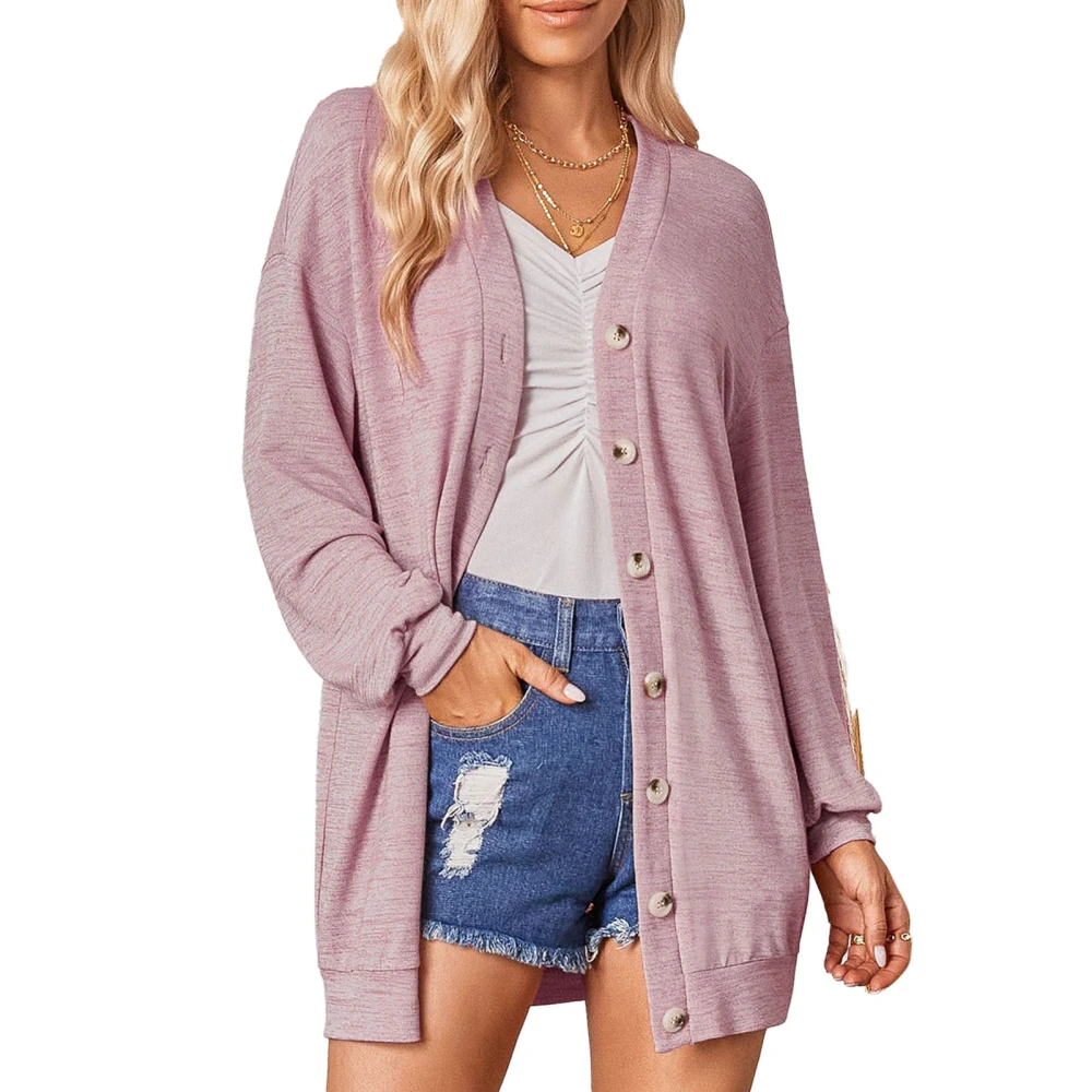 Cardigan Knit Long Sleeve V Neck Single Breasted Thread Cuffs Casual Knitwear for Women Pink XL