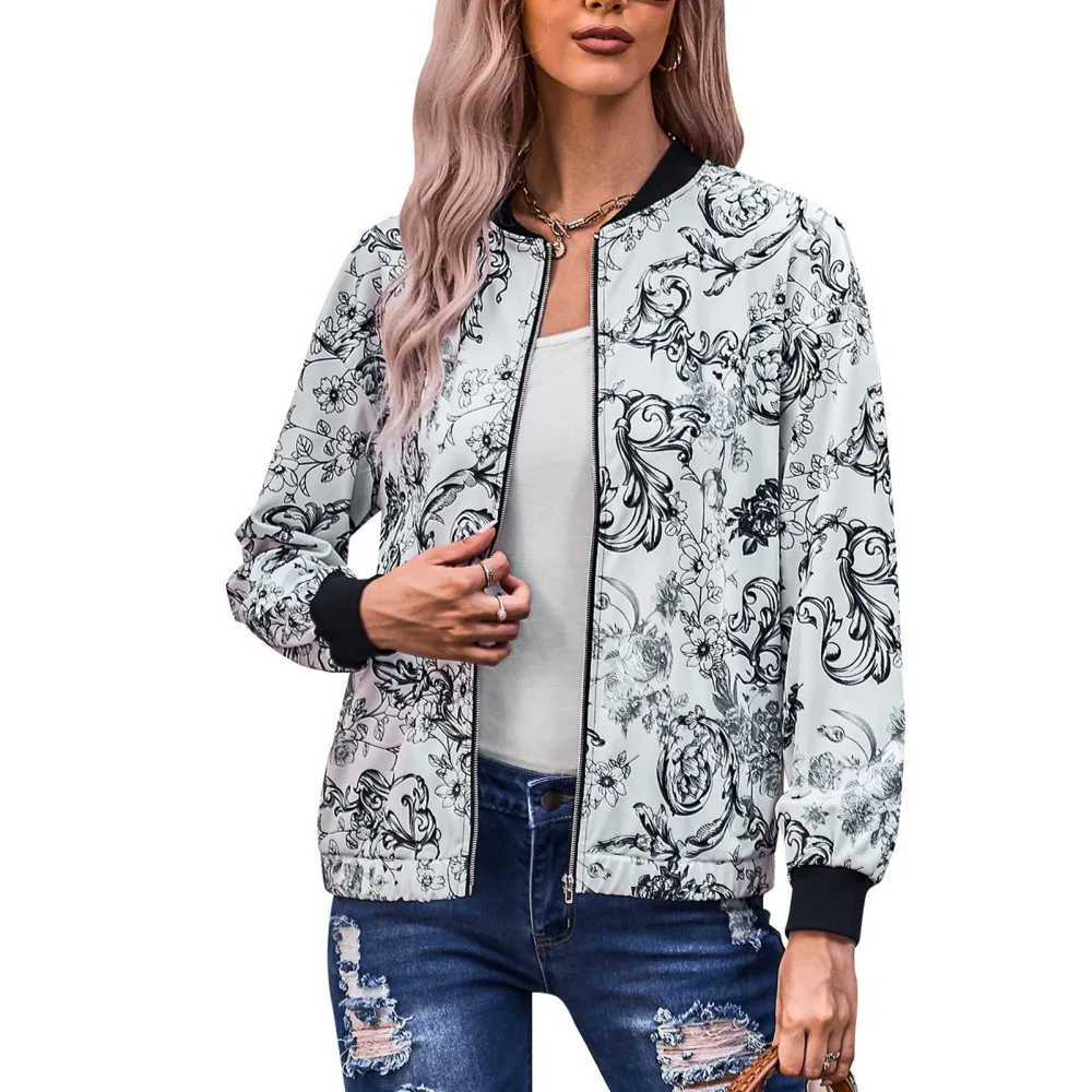 Women Bomber Jacket Classic Fit Unique Floral Print Zipper Closure Slightly Elastic Women Casual Thin Coat for Autumn Black S