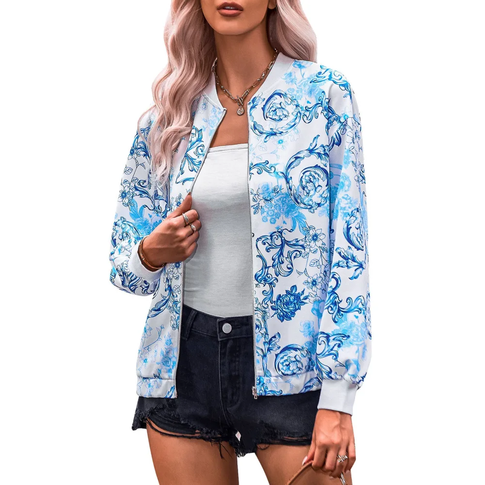 Women Bomber Jacket Classic Fit Unique Floral Print Zipper Closure Slightly Elastic Women Casual Thin Coat for Autumn Blue XL