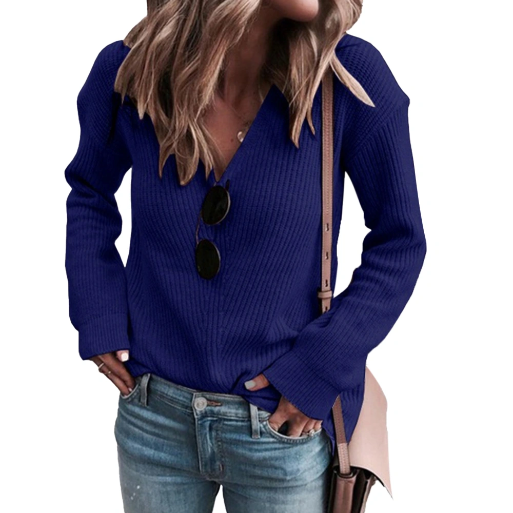 Knit Sweater V Neck Drop Shoulder Long Sleeve Pure Color Casual Sweater for Women Blue M