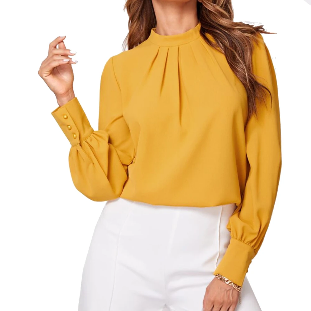 Women Shirt Small High Neck Back Hole Lantern Long Sleeve Chiffon Loose Women Casual Pullover Gold S