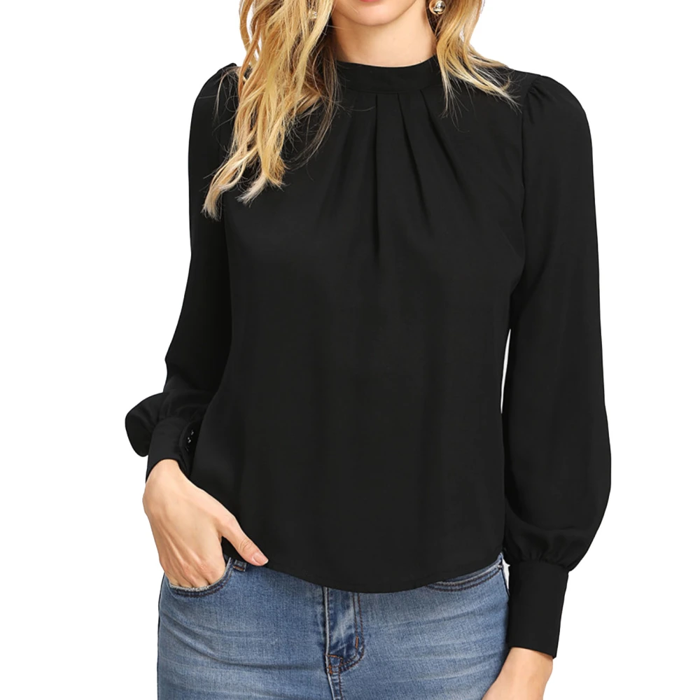 Women Shirt Small High Neck Back Hole Lantern Long Sleeve Chiffon Loose Women Casual Pullover Black S