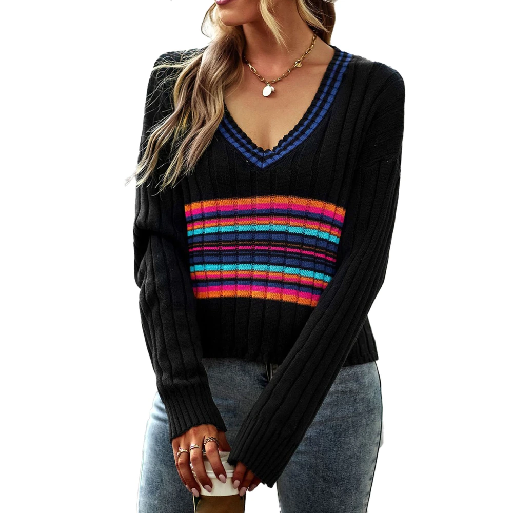 Color Bolck Sweater Knit V Neck Long Sleeves Casual Comfortable Simple Pullover Sweater Black M