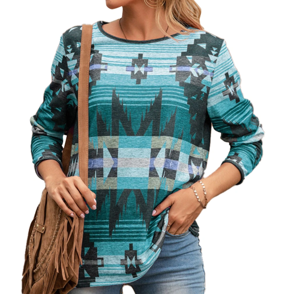 Printed T Shirt Vintage Ethnic Style Round Neck Pullover Long Sleeved Loose Shirt Blue S