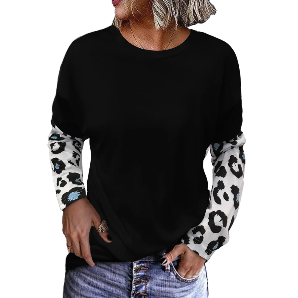 Leopard Print Top Crewneck Neck Long Sleeve Casual Color Block Blouse Sweatshirts Black XXL