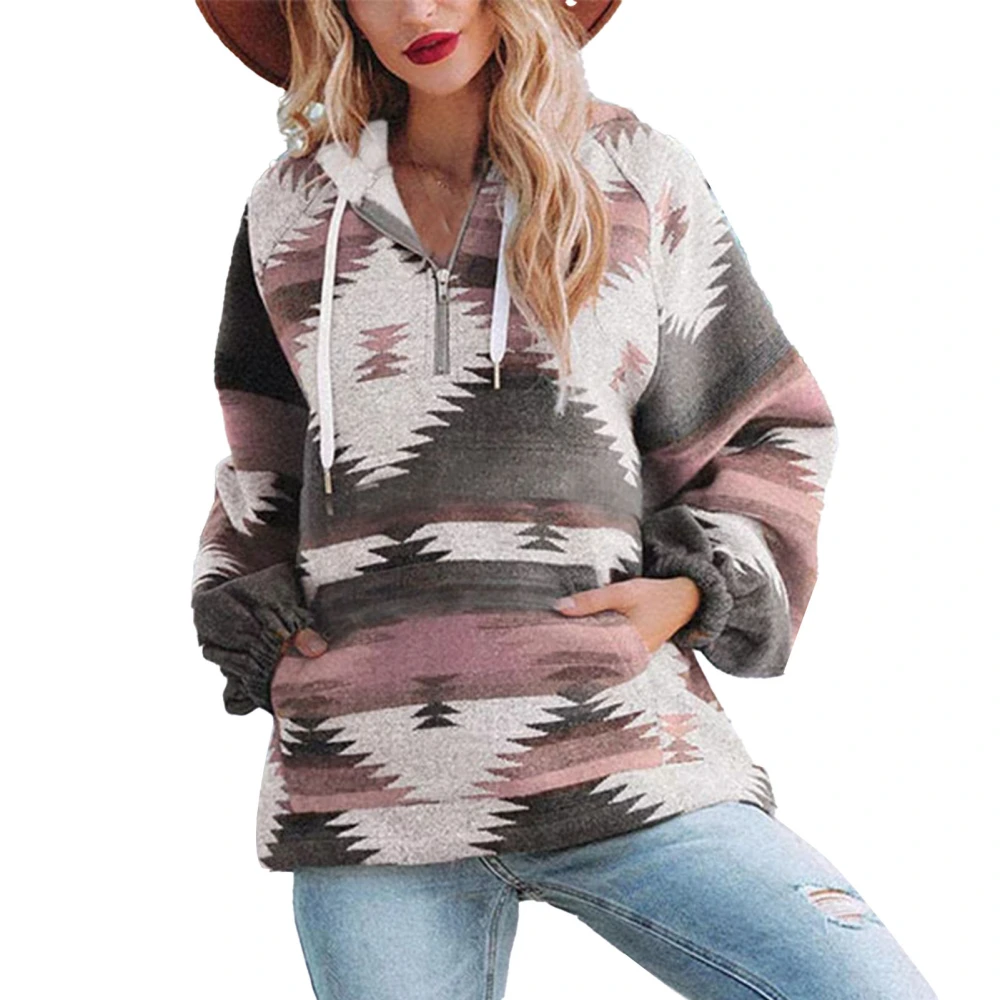 Women V Neck Hoodie Pullover Tops Casual Fashionable Long Sleeve Drawstring Printed Sweatshirt with Pocket Pink M