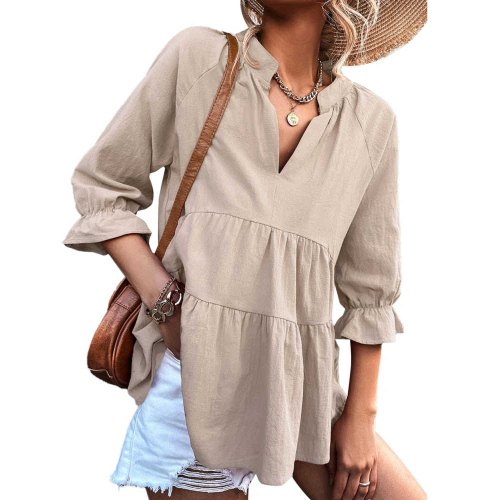 Women V Neck Blouse Soft Comfortable Loose Casual Loose Casual Blouse Top for Home Office Appointment Apricot L