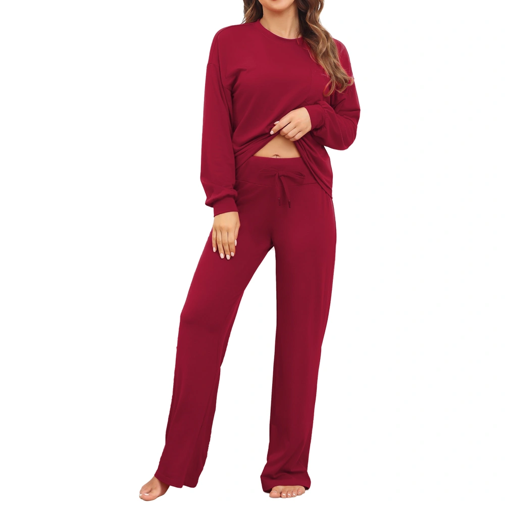 Women Pajamas Set Soft Breathable 2 Piece Crewneck Long Sleeve Tops Drawstring Pants Sleepwear Loungewear Burgundy XL