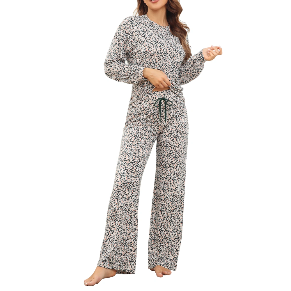 Women Pajamas Set Soft Breathable 2 Piece Crewneck Long Sleeve Tops Drawstring Pants Sleepwear Loungewear White Flowers On Green S