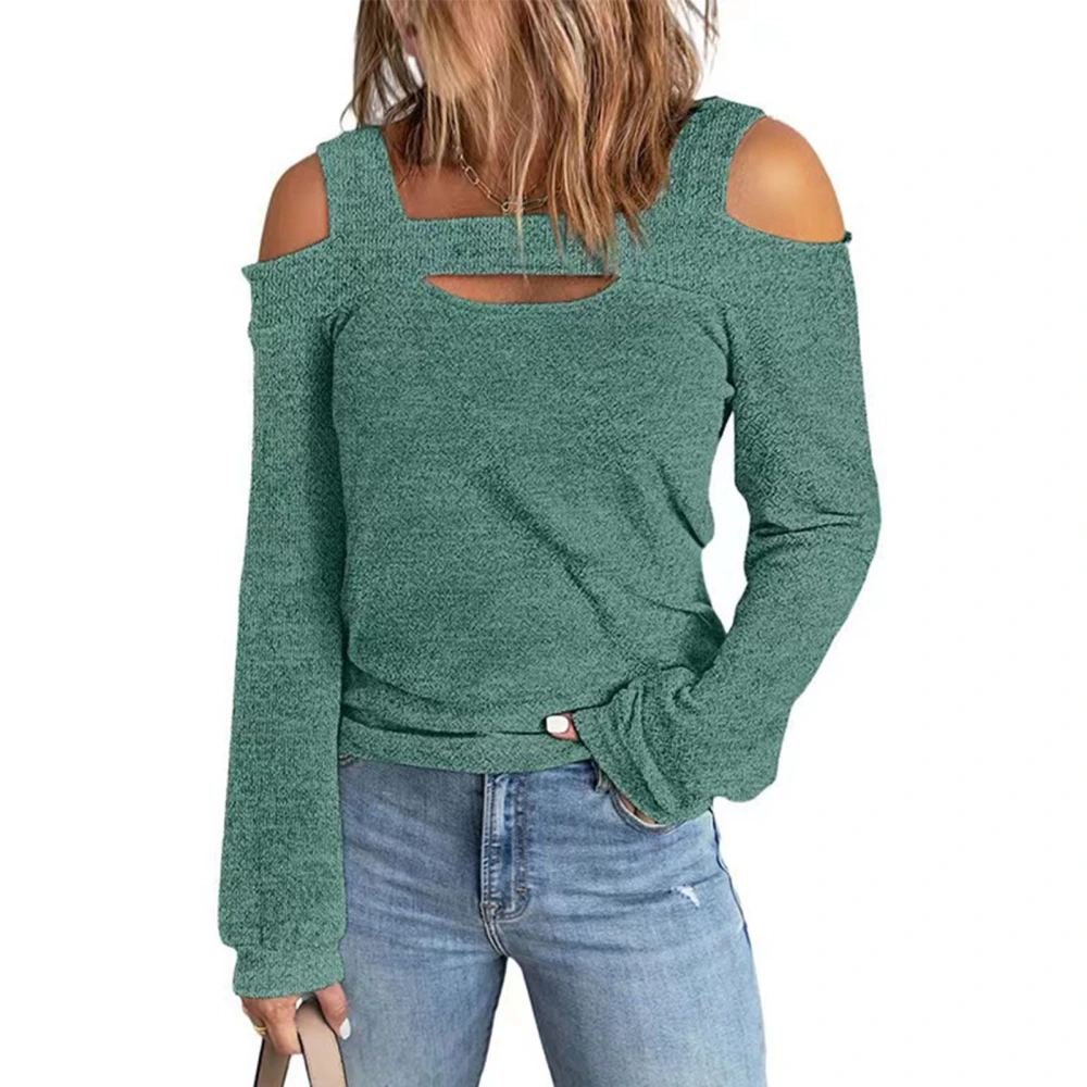 Women Cold Shoulder Top Cut Out Design Solid Color Fashionable Long Sleeve Blouse for Home Shopping Green M