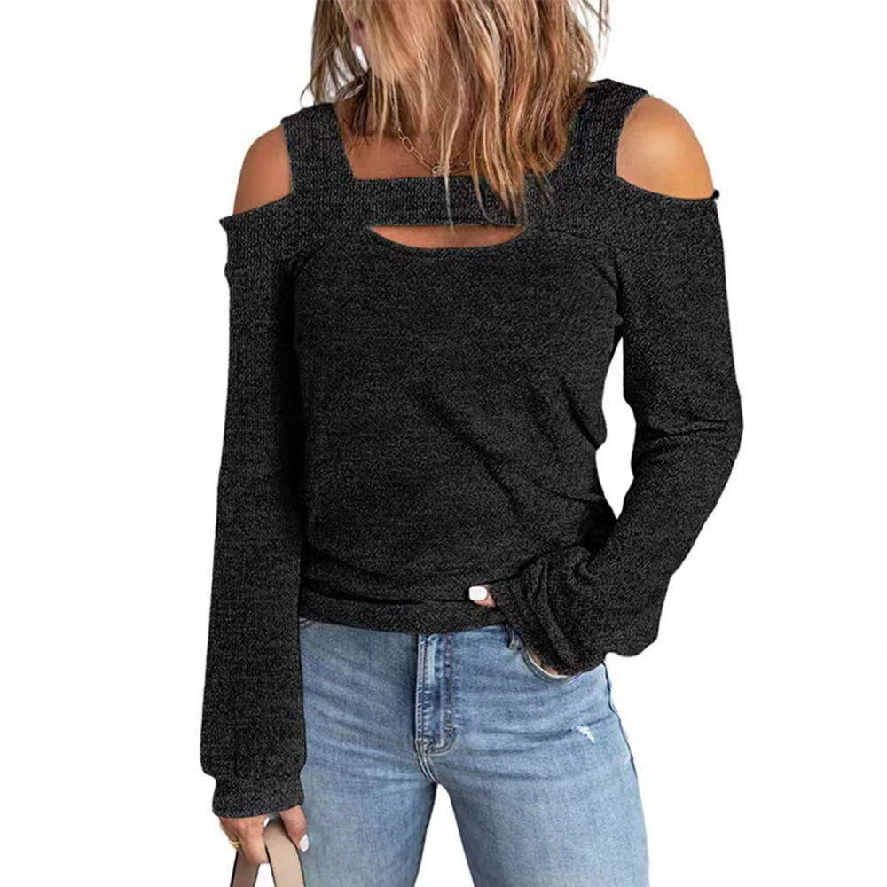 Women Cold Shoulder Top Cut Out Design Solid Color Fashionable Long Sleeve Blouse for Home Shopping Black M