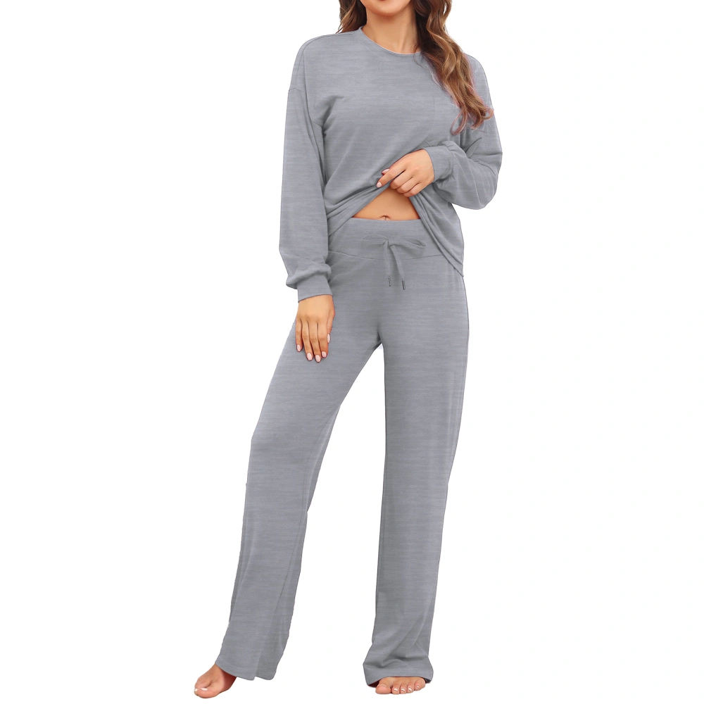 Women Pajamas Set Soft Breathable 2 Piece Crewneck Long Sleeve Tops Drawstring Pants Sleepwear Loungewear Grey XL