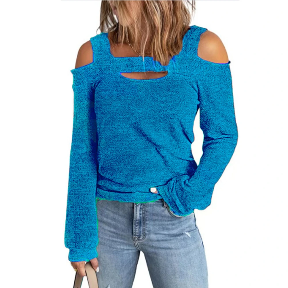 Women Cold Shoulder Top Cut Out Design Solid Color Fashionable Long Sleeve Blouse for Home Shopping Blue XL