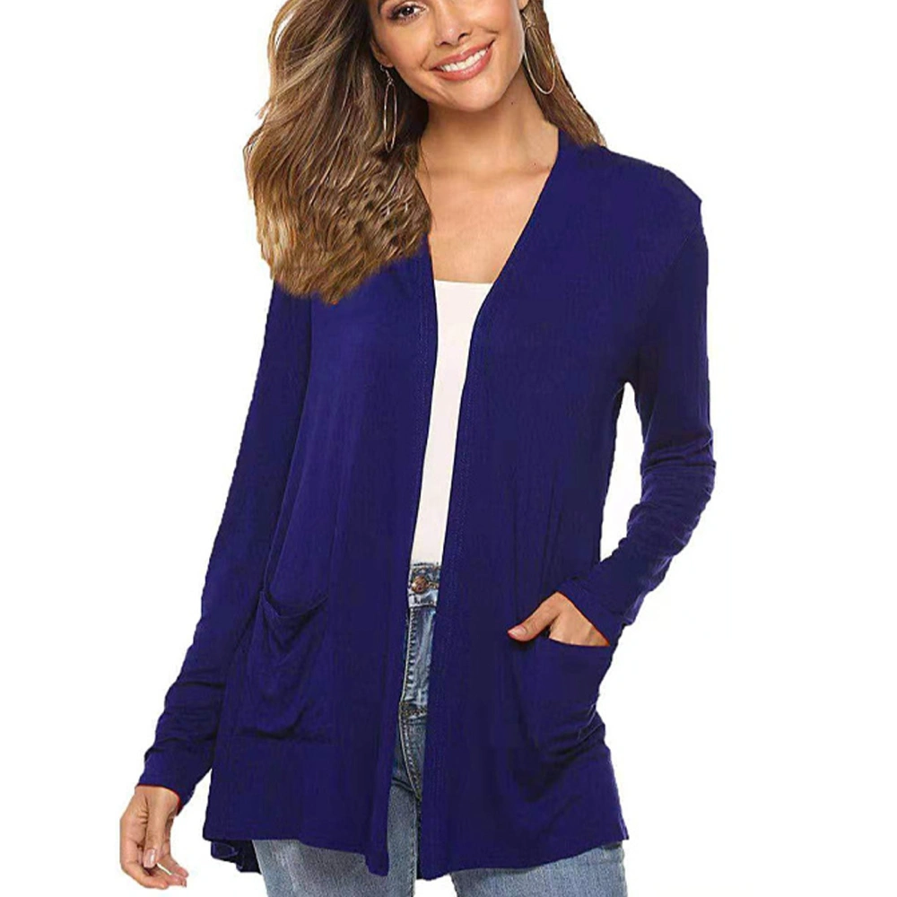 Women Top Long Sleeve Open Front Pocket Stylish Fashionable Loose Fit Top for Lady Royalblue L