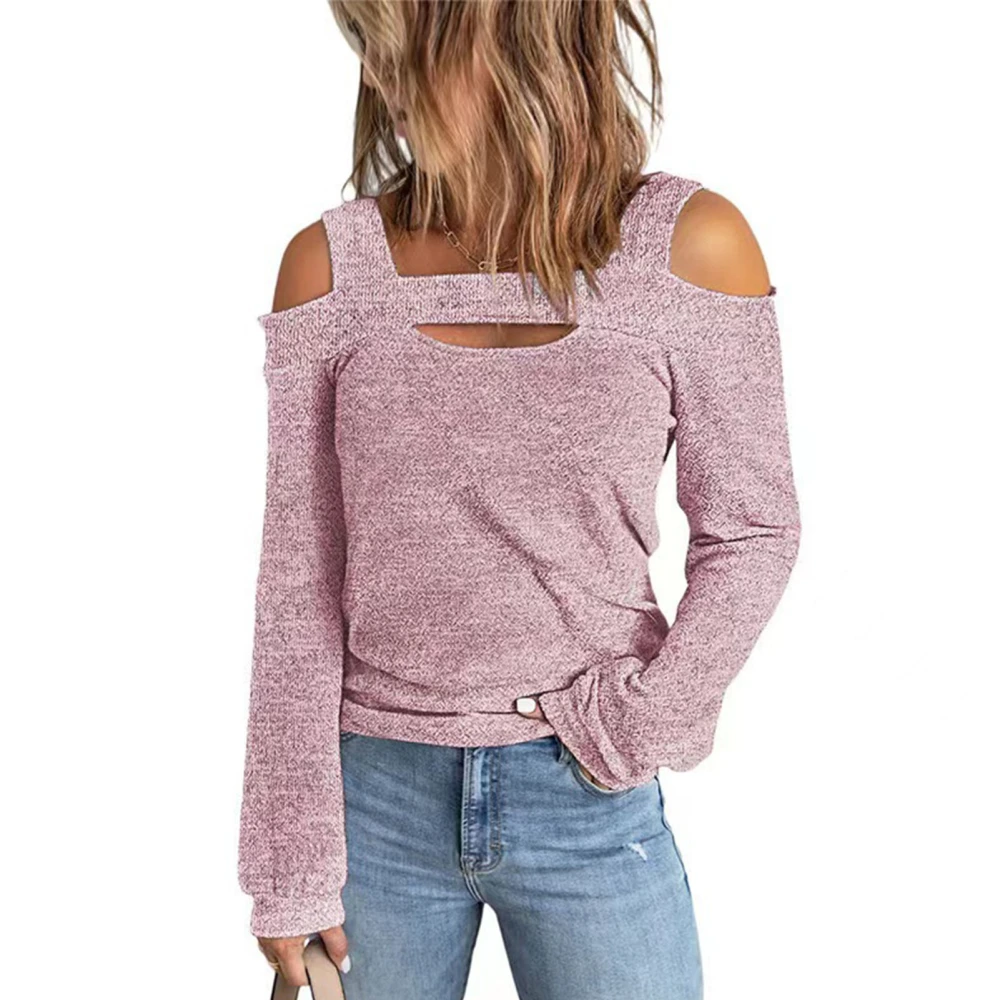 Women Cold Shoulder Top Cut Out Design Solid Color Fashionable Long Sleeve Blouse for Home Shopping Pink M